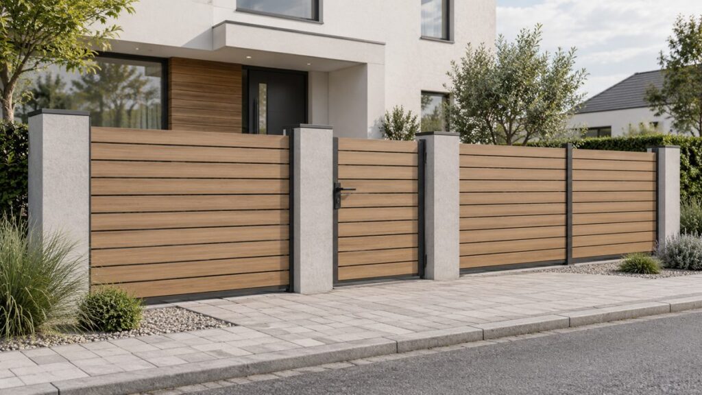 Gard modular cu lamele în decor lemn